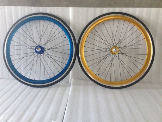 43mm Anodizado Azul Flip Flop Fixed Gear Roda Bike Wheel Set com raios coloridos