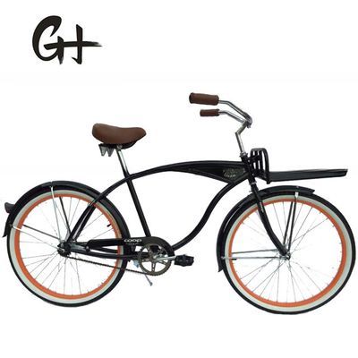 Single Speed Adult Coaster Brake Beach Cruiser Bike com porta dianteira e pneu de parede branco de 26&quot;
