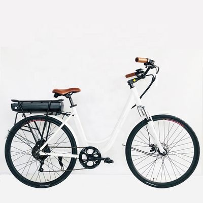 48V 14AH Bateria de lítio 7 velocidades Quadro de alumínio Bicicleta de mulher elétrica 700C 500W
