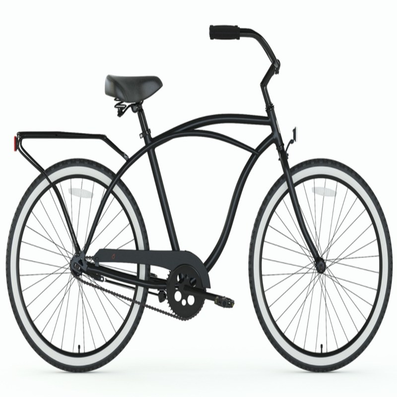 26 Ferro Matte Negro Homens Monoposto de velocidade única Freio Beach Cruiser Bike com porta traseira