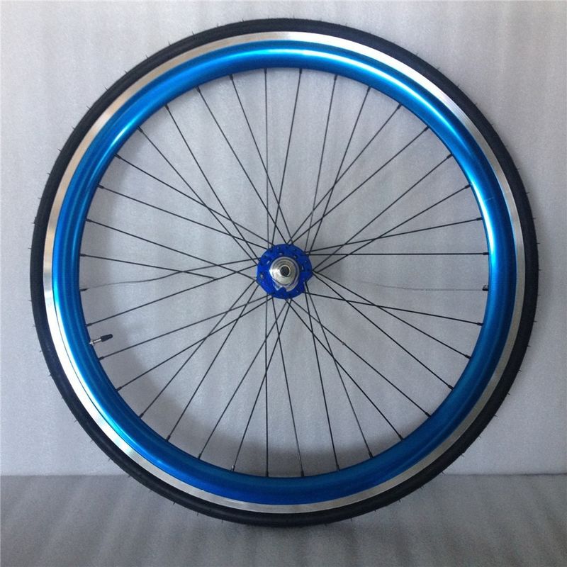 43mm Anodizado Azul Flip Flop Fixed Gear Roda Bike Wheel Set com raios coloridos