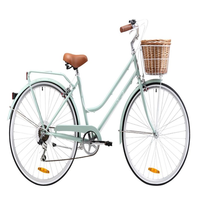 Passo de bicicleta vintage para mulheres com cesto dianteiro e design clássico de 7 velocidades